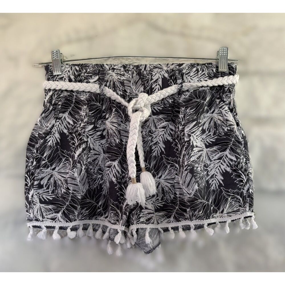 Rewash Boho Beachy Linen Blend Shorts Tassel Hem Rope Belt Tropical Print M - Picture 1 of 8